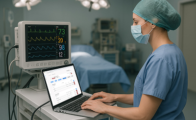 Anestesista utilizando um notebook numa sala de cirurgia