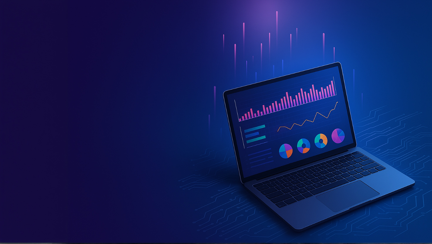 MacBook em um fundo azul escuro aberto com diversos tipos de gráficos sendo mostrados
