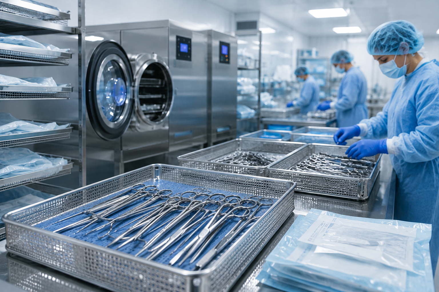 Pessoa realizando processo de esterilização de materiais hospitalares